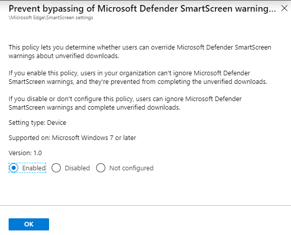 Prevent bypassing of Microsoft Defender SmartScreen warnings about downloads setting